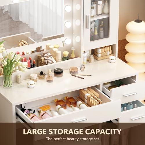 ENDYOE white vanity table featuring three storage drawers and open shelves filled with cosmetics.