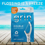 Side view of the Grin dental floss picks packaging displaying product features and oral care instructions.