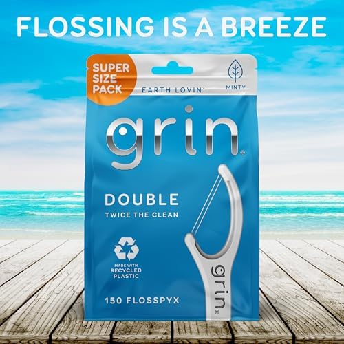 Side view of the Grin dental floss picks packaging displaying product features and oral care instructions.