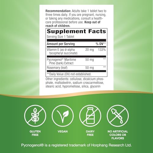 Close up of the authentic USA imported Nature's Way Pycnogenol vegan tablets packaging.