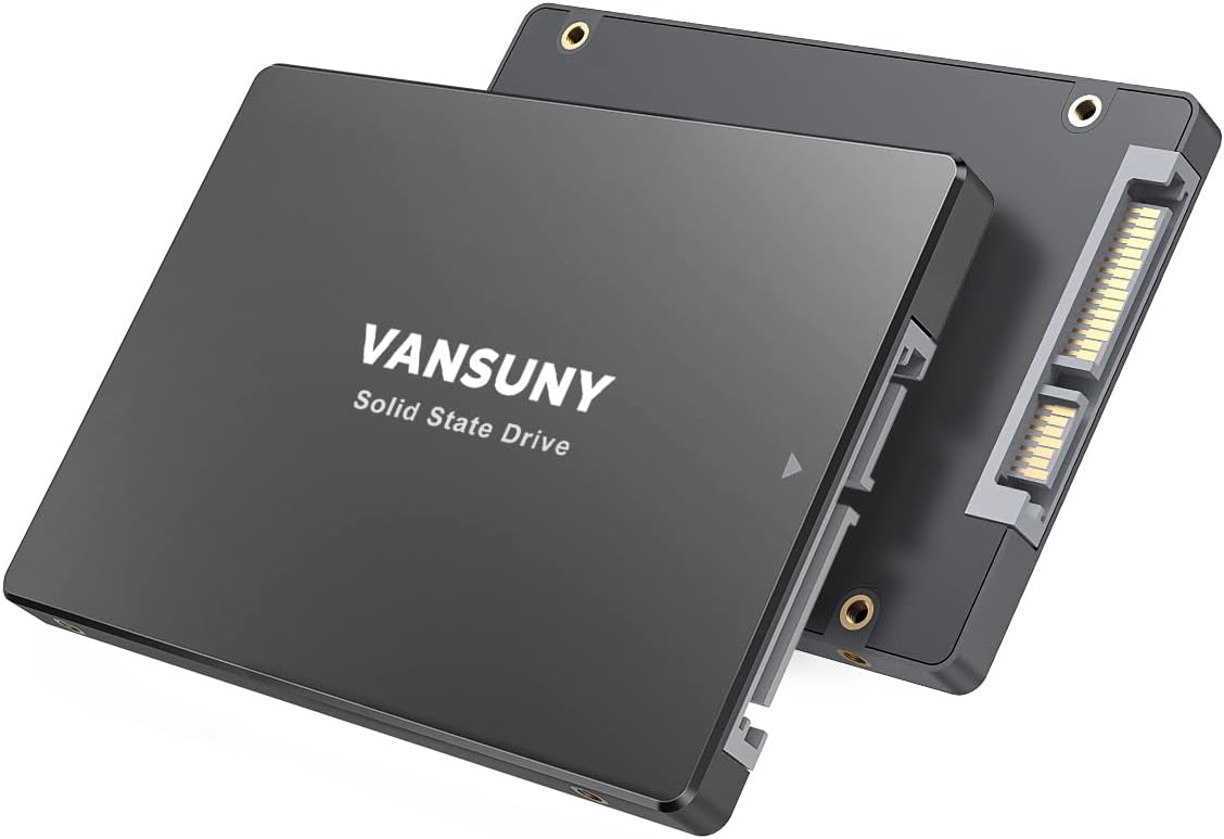 Vansuny 240GB SATA III SSD internal solid state drive front view showing brand logo and sleek black casing.