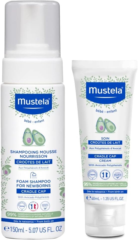 Mustela Cradle Cap Fragrance-Free Baby Shampoo & Cream for Baby & Newborn for Seborrheic Dermatitis - Helps to minimize Scalp Flakes - Clinically & Dermatologist Tested - 2 Items Set - Image 1