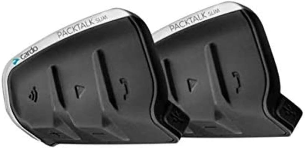 Cardo Dual Packtalk Slim JBL Bluetooth Communication System front view showing aerodynamic motorcycle helmet intercom units.