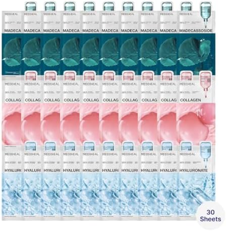 MEDIHEAL Essential Sheet Masks Pack of 30 front view showing authentic Korean skincare packaging for blemish repair.