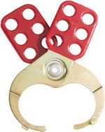 Klein Tools safety lockout showing the 6-hole locking body and red vinyl handle.