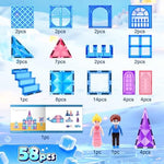 Sparkling pink and purple magnetic tiles arranged to build a fairy tale castle kingdom.