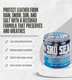 Atsko Sno-Seal beeswax waterproofing paste alongside premium application microfiber cloth