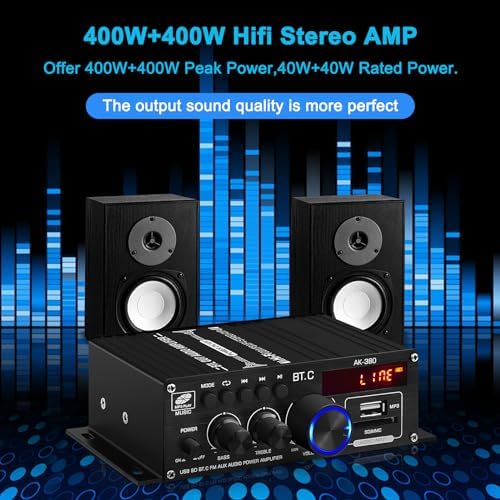 ARRAROWN compact mini stereo receiver displaying the rear speaker terminals and power input jack