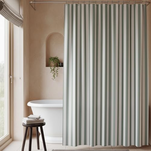 Close up view of the sage green and white striped pattern on the waterproof fabric