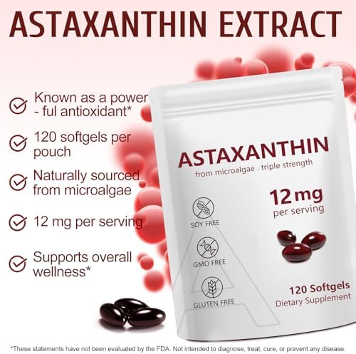Vortexonix Astaxanthin 120 softgels packaging highlighting eye and skin health benefits