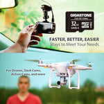 Gigastone Class 10 UHS-I U1 micro SD memory card being inserted directly into a standard action camera slot.
