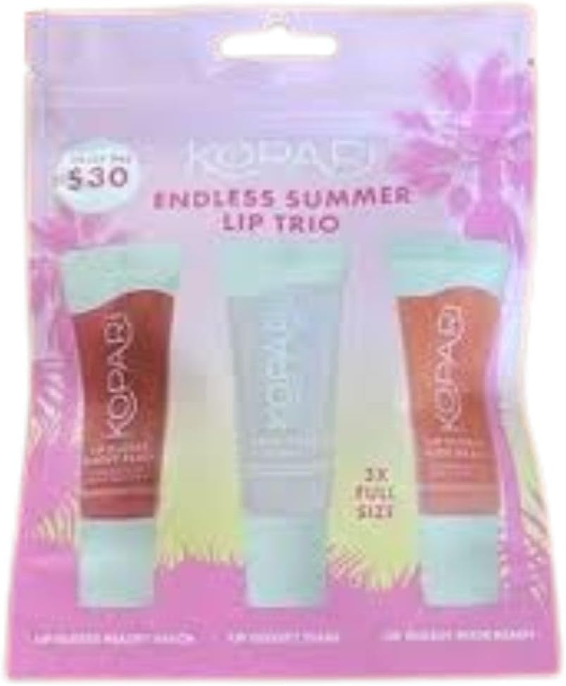Kopari Lip Glossy tubes Beachy Peach Clear and Nude Beach shades