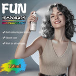Silver gray temporary hair spray being applied to style dark hair instantly.
