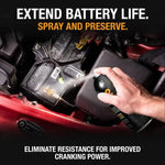 NOCO oil-based anti-corrosion battery spray being applied to vehicle terminals.