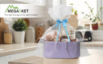 Arrangement of MEGASKET purple baskets decorated with ribbons as customized holiday gift hampers.