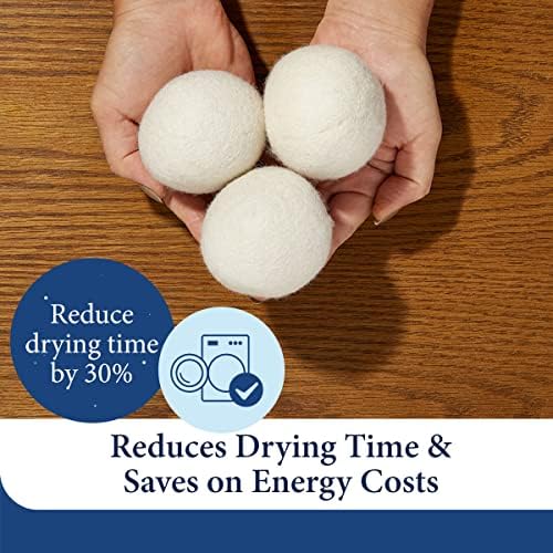 Hand crafted white wool dryer balls shown as a chemical free alternative to dryer sheets.