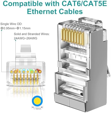 Brileine 50 pack metal modular ethernet ends with blue strain relief boots