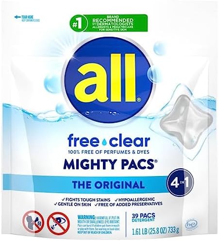 Close up of a single All Free Clear laundry detergent pac for sensitive skin