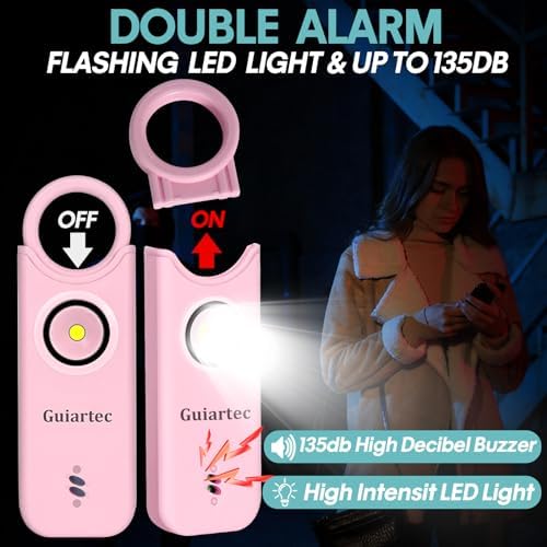 Pink Guiartec 135dB safety alarm keychain on a bag