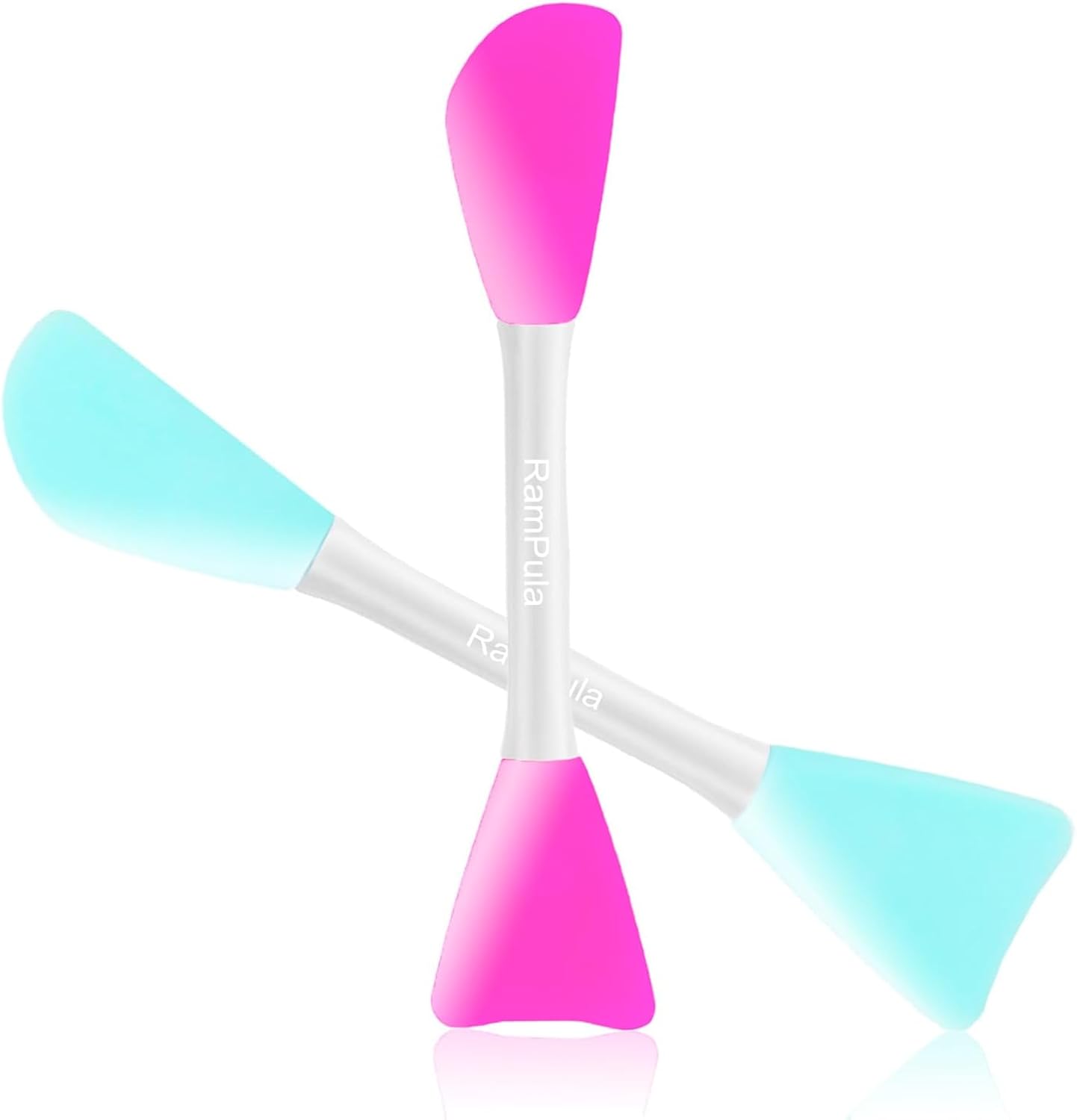 RamPula silicone face mask applicator brush front view showing pink and light blue dual ended beauty tools