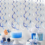 Thirty six piece navy and royal blue hanging streamer kit used as a nautical party backdrop.