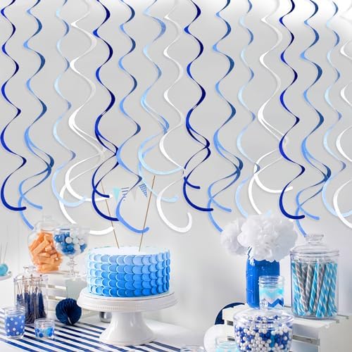 Thirty six piece navy and royal blue hanging streamer kit used as a nautical party backdrop.