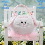 Plush custom pink Easter bunny basket bag showing detailed view of embroidered face and floppy floral ears.