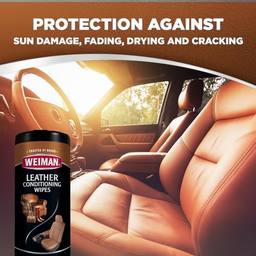 Close up of Weiman leather wipe canister showing UV protection label