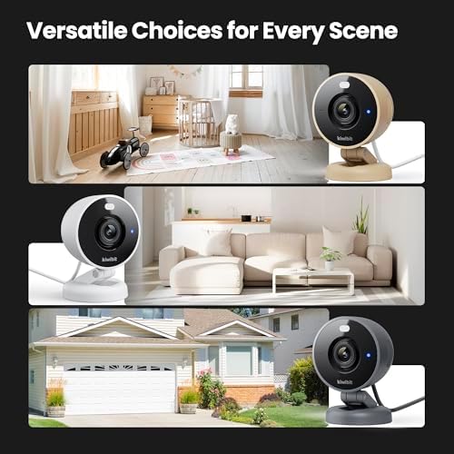 Smart indoor pet camera placed on a living room table showing baby and animal monitoring setup.