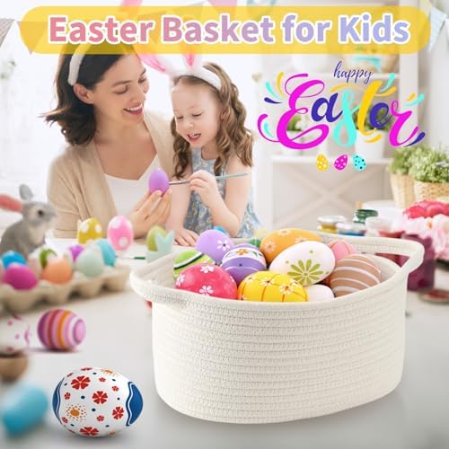 Happyiren medium white woven basket styled as an elegant Easter gift container with handles.
