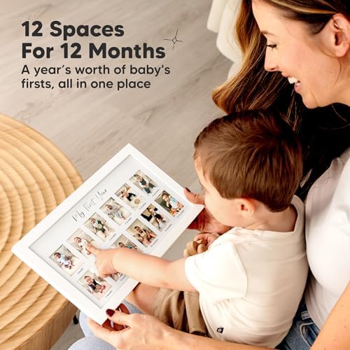 KeaBabies monthly milestone photo collage display board mounted securely on a modern nursery wall.