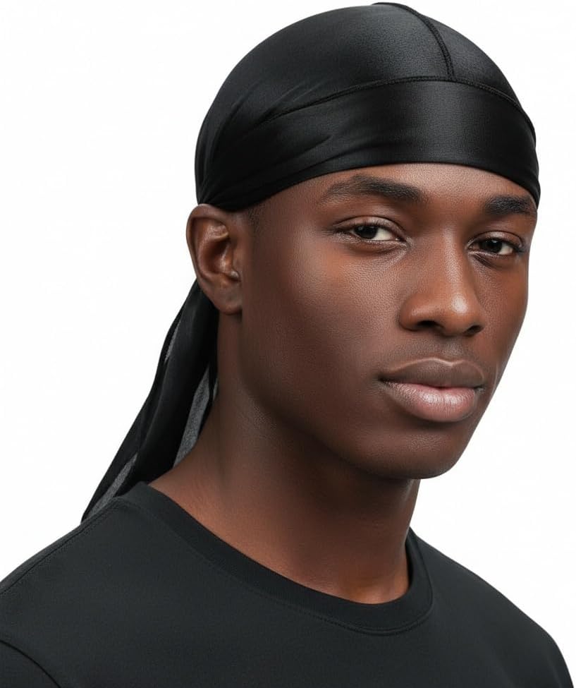 Cocosilk silky satin durag front view showing smooth black finish