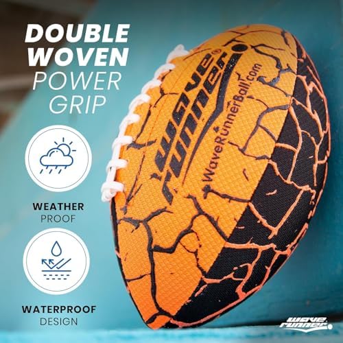 Wave Runner 9.25 inches junior pool football with the included yellow air pump and inflation needle.