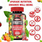 Side angle of imported USA fruit and vegetable supplement bottles with clear authenticity markers.
