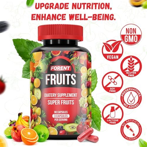 Side angle of imported USA fruit and vegetable supplement bottles with clear authenticity markers.