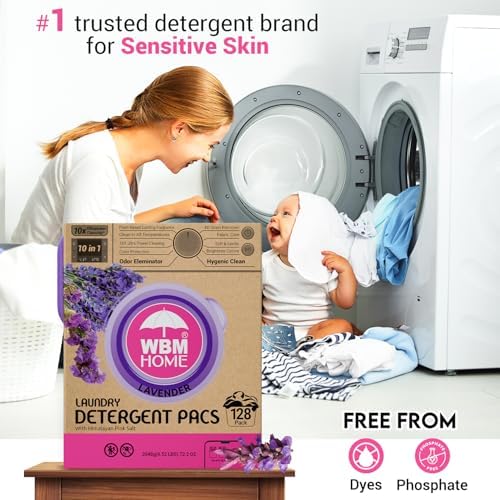 Back of WBM laundry pod packaging with usage instructions and fabric softener benefits.