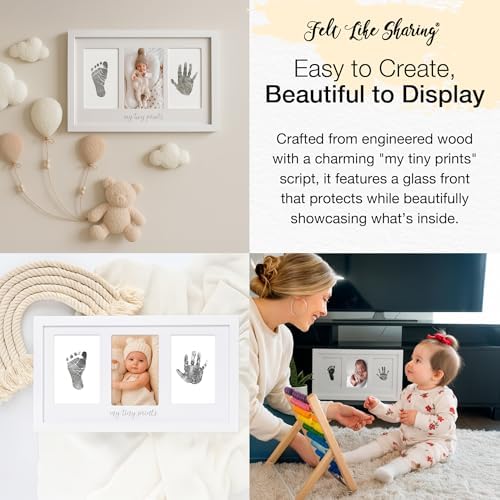 White engineered wood baby keepsake frame with glass cover displaying infant prints