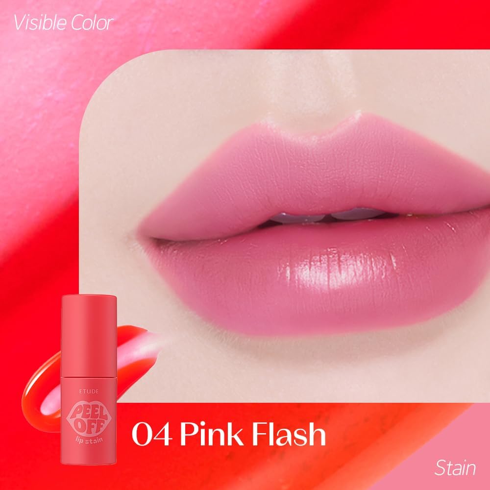 Authentic ETUDE peel off lip stain showing liquid texture and pink packaging