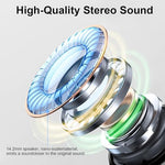 Rinsmola Bluetooth 5.4 headphones with ergonomic design and comfortable silicone ear caps for sports.