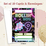 Sahjzk 9th birthday skate party invitation cards spread out with matching white envelopes