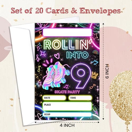 Sahjzk 9th birthday skate party invitation cards spread out with matching white envelopes