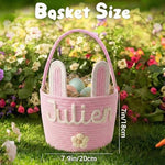 Side view of MBBEST hand woven cotton bucket highlighting the plush rabbit ears and decorative charm accent