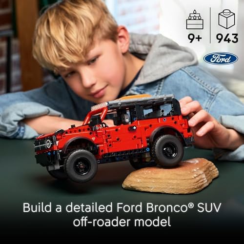 LEGO Technic Ford Bronco SUV side profile showing red bodywork and off-road tires