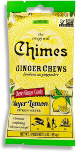 Three individual packs of Chimes lemon ginger chewy treats displayed together