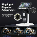 Side profile of Ashfly 1080P microscope showing focusing wheel and sturdy adjustment stand