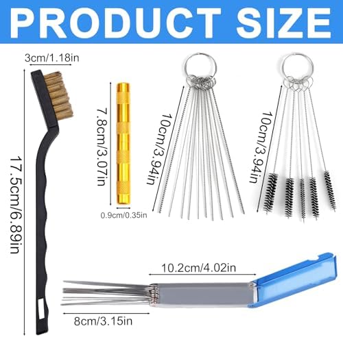 Stainless steel needles and nylon brushes spread out from the motorcycle jet cleaner set