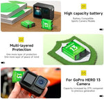 Palogreen action camera replacement power cells showing the secure housing and safety certification symbols.