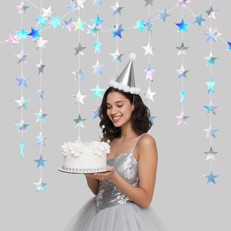 Handmade silver thread detailing on the iridescent twinkling star party decorations