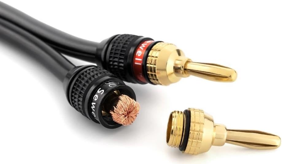 Packaging display of authentic imported Sewell deadbolt banana plugs for home theater.