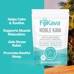 Authentic FijiKava Noble root extract vegan capsules container on plain background.